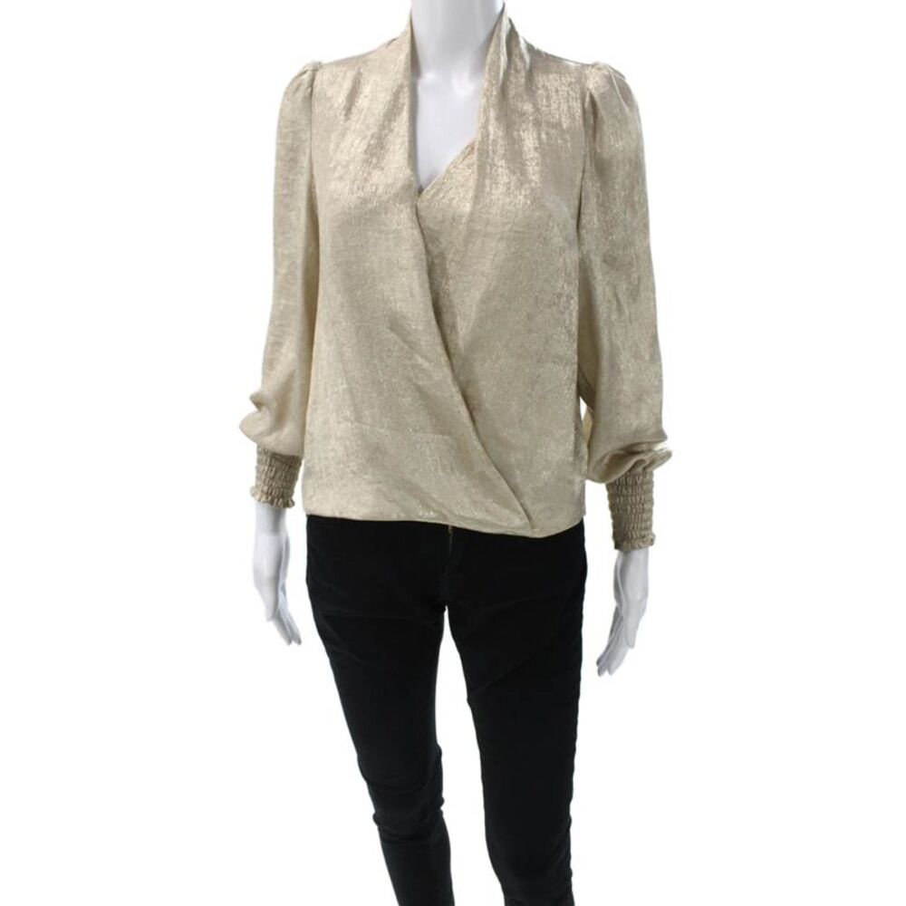Scarlet Roos Women Gold V-Neck Long Sleeve Basic Blouse Party Size 1
